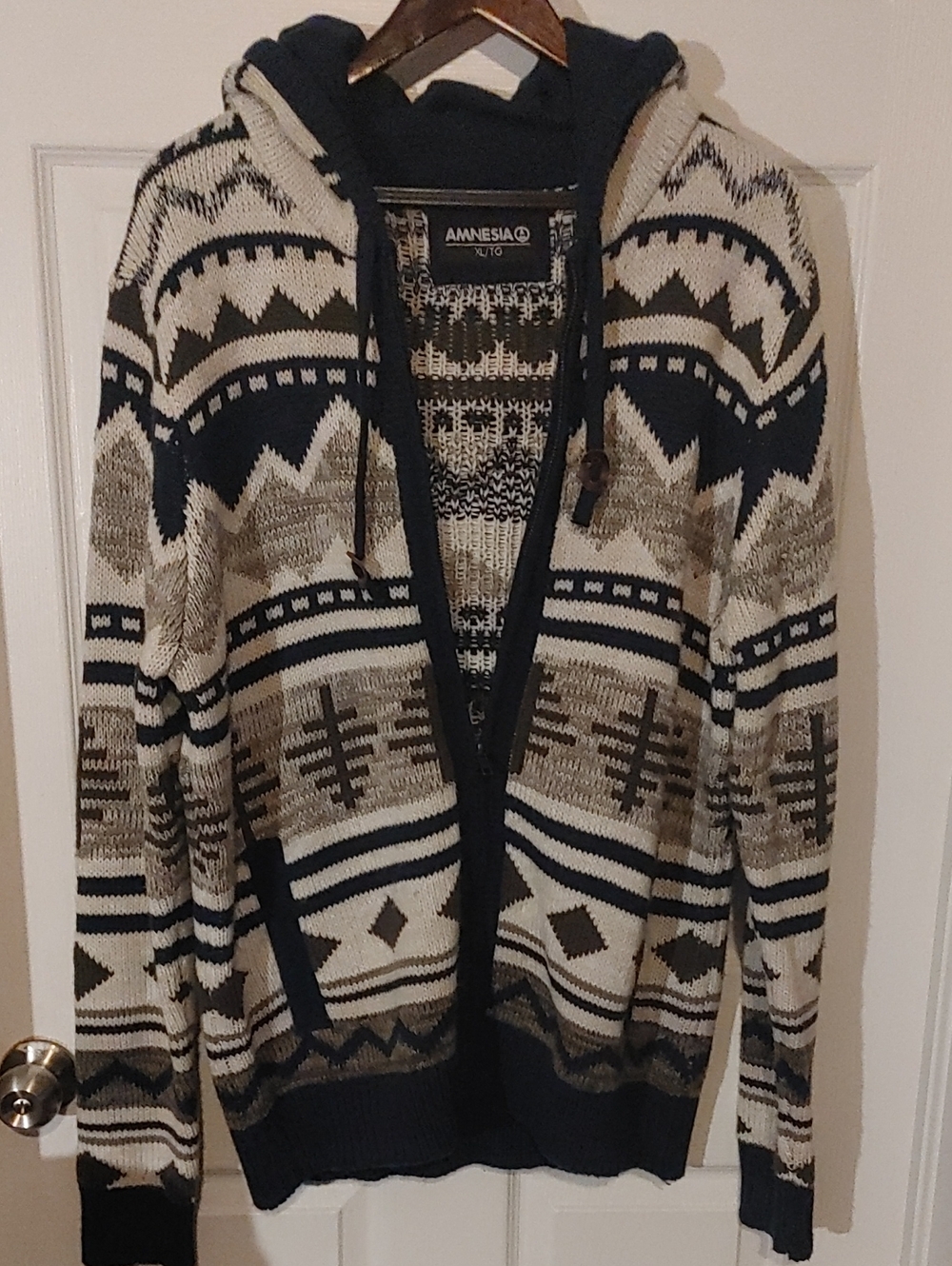 Amnesia Navy Grey and White Patterned Zip Hoodie Sweater Sz XL